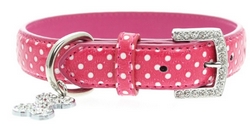 Collier en cuir fuchsia à pois blancs S à XL