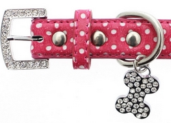 Collier en cuir fuchsia à pois blancs S à XL